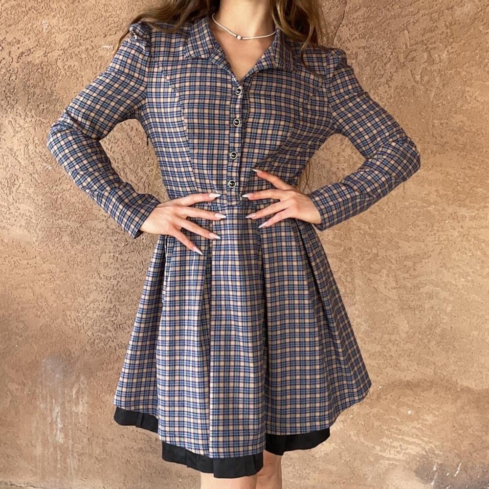 Handmade 90s Plaid Fit & Flare Dress Full Skirt Retro Cottagecore Schoolgirl
